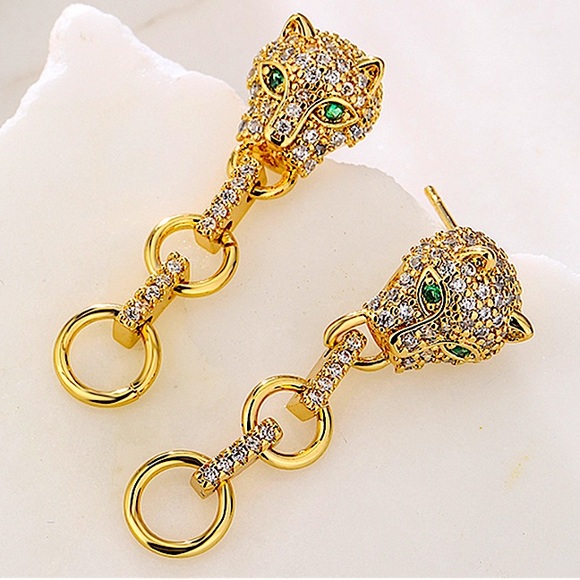 Leopard Gold 18K Plated Diamond Dangle Earrings - Picture 1 of 2